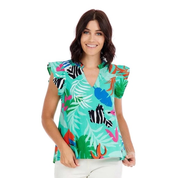 Mud Pie Tops - EUC Mud Pie Green Cotton Tropical Ruffled Cap Sleeve Blouse Sz L